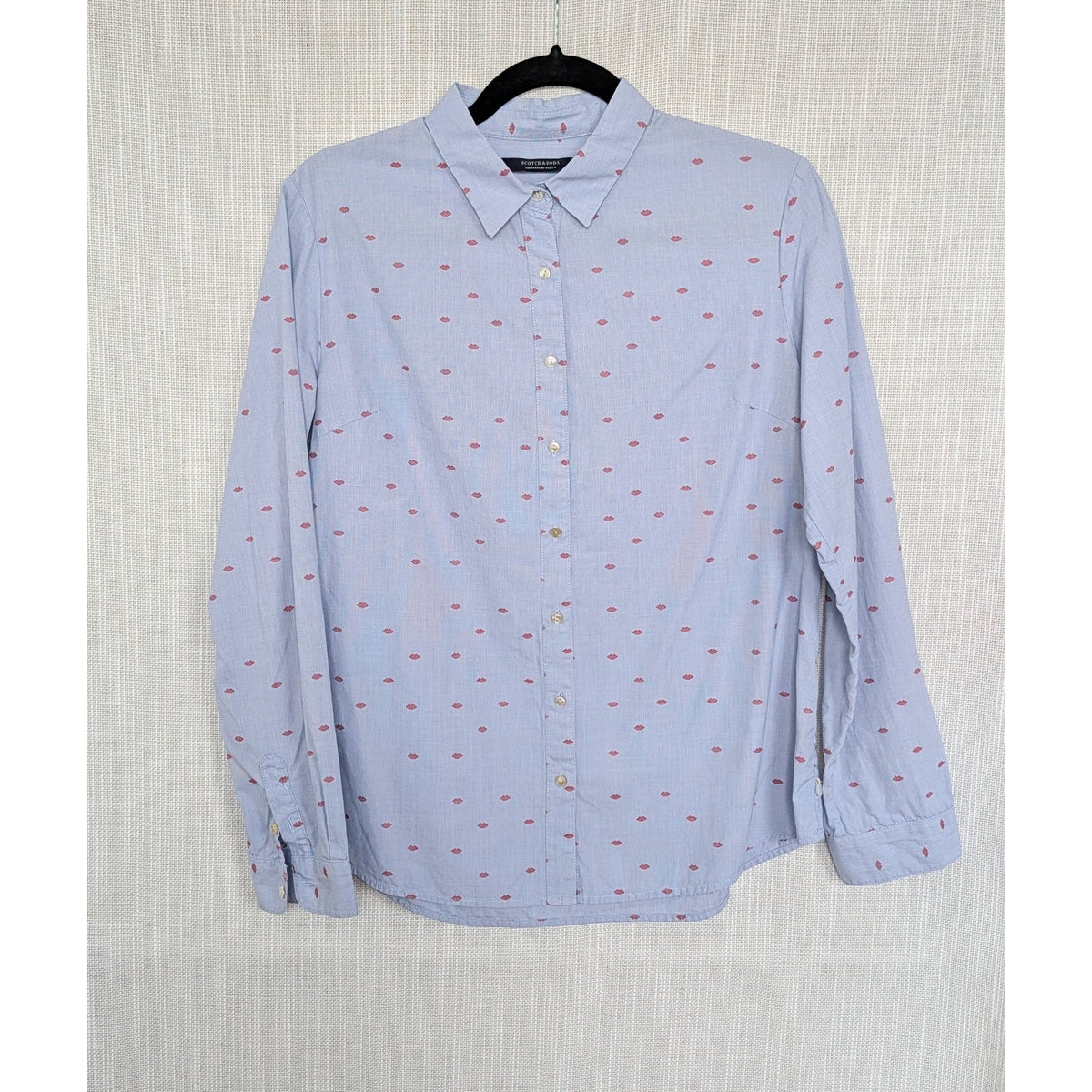 Scotch & Soda Red Lips Print Blue Button-Down Long Sleeve Top Shirt, size 2