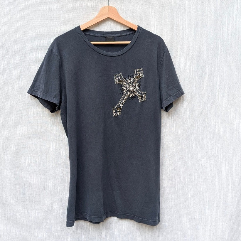 Pinko Black Applique Rhinestone Cross Short Sleeve Tee T-shirt Italy