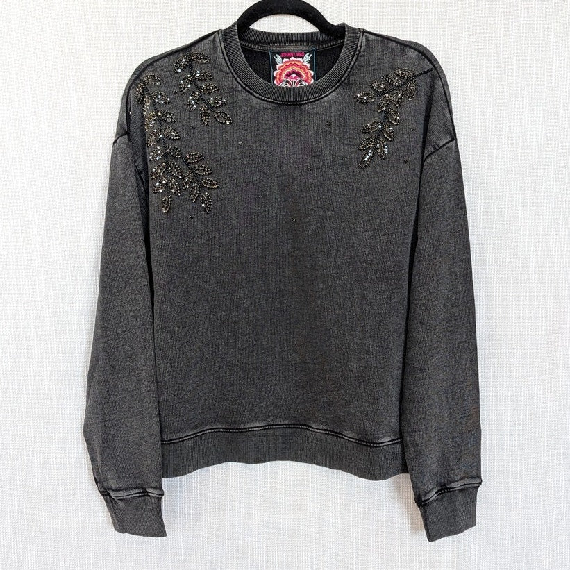 Johnny Was French Terry Beaded Sweatshirt Womens S Charcoal Heather Crewneck